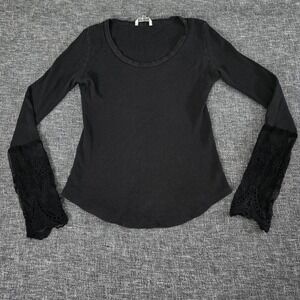 BKE Womens Black Ribbed Thermal Long Sleeve Lace Bell Sleeve Scoop Neck Top M